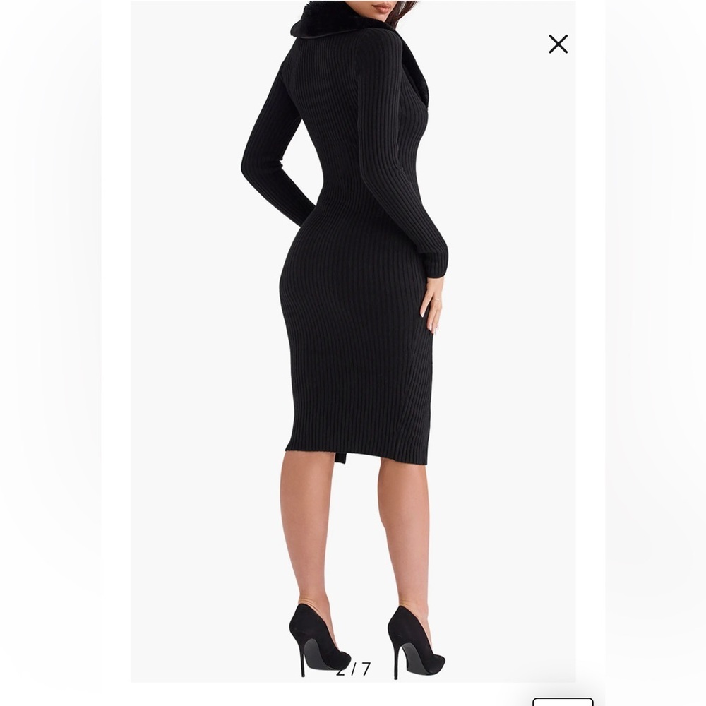 House of CB Ribbed Black Midi Dress with Faux Fur Collar - Picture 6 of 14